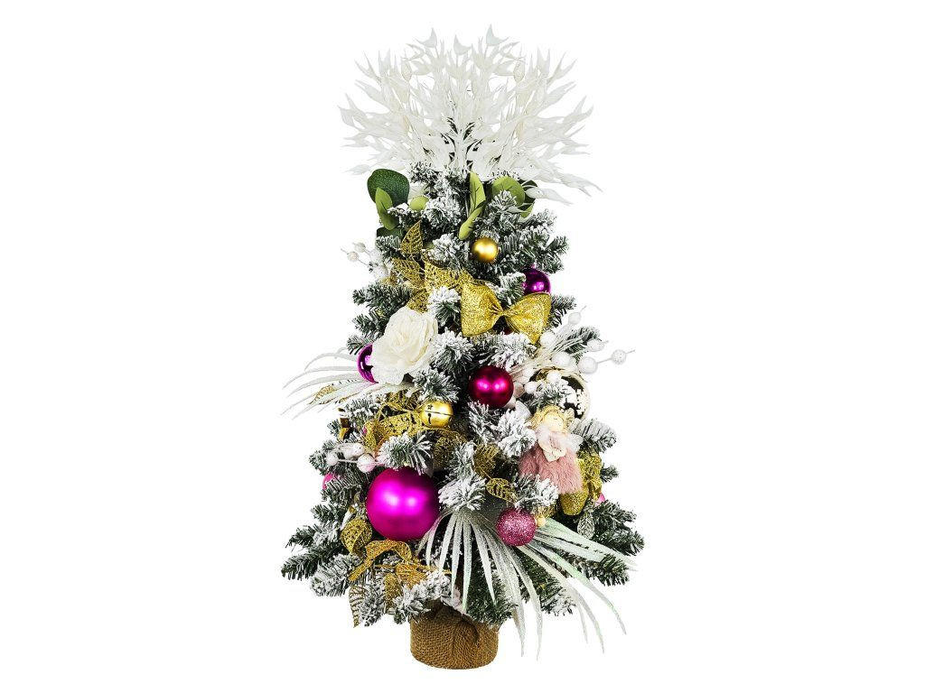 WEIHNACHTSBAUM künstlicher 60 cm mit LED-Beleuchtung, ROSENZAUBER, mit 37 Weihnachtsbaumschmuck, Pflanztopf mit Jutesack - Pink/Goldfarben, Kunststoff/Stein (40/60cm) - LAALU