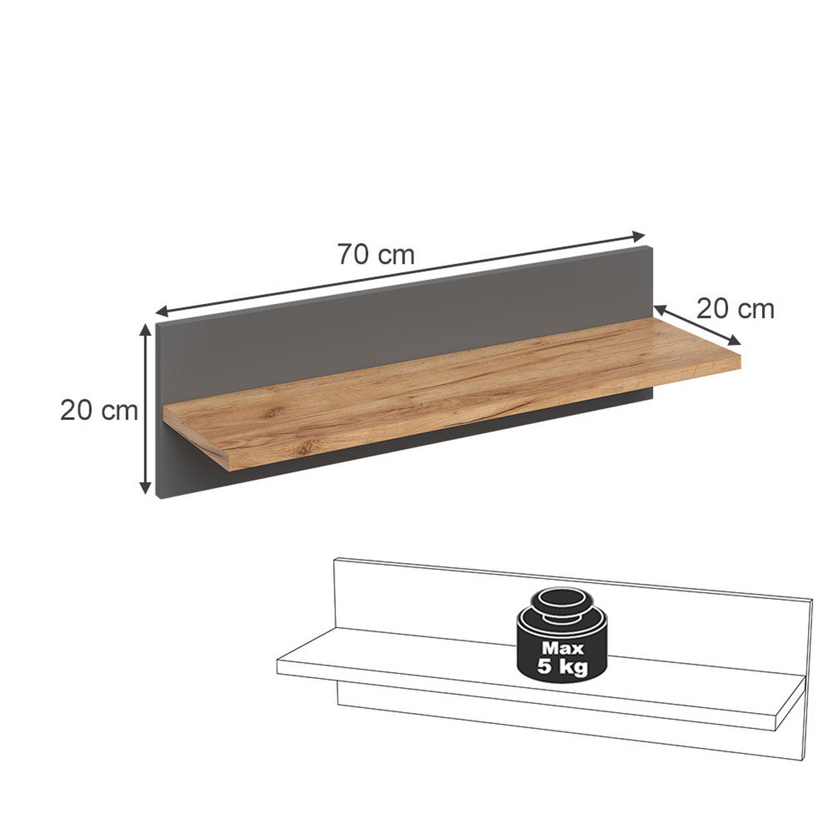 WANDREGAL KINDERZIMMER Malia Grau/Artisan 70 x 20 cm - Hellgrau/Grau, Holzwerkstoff (70/20/20cm) - VitaliSpa