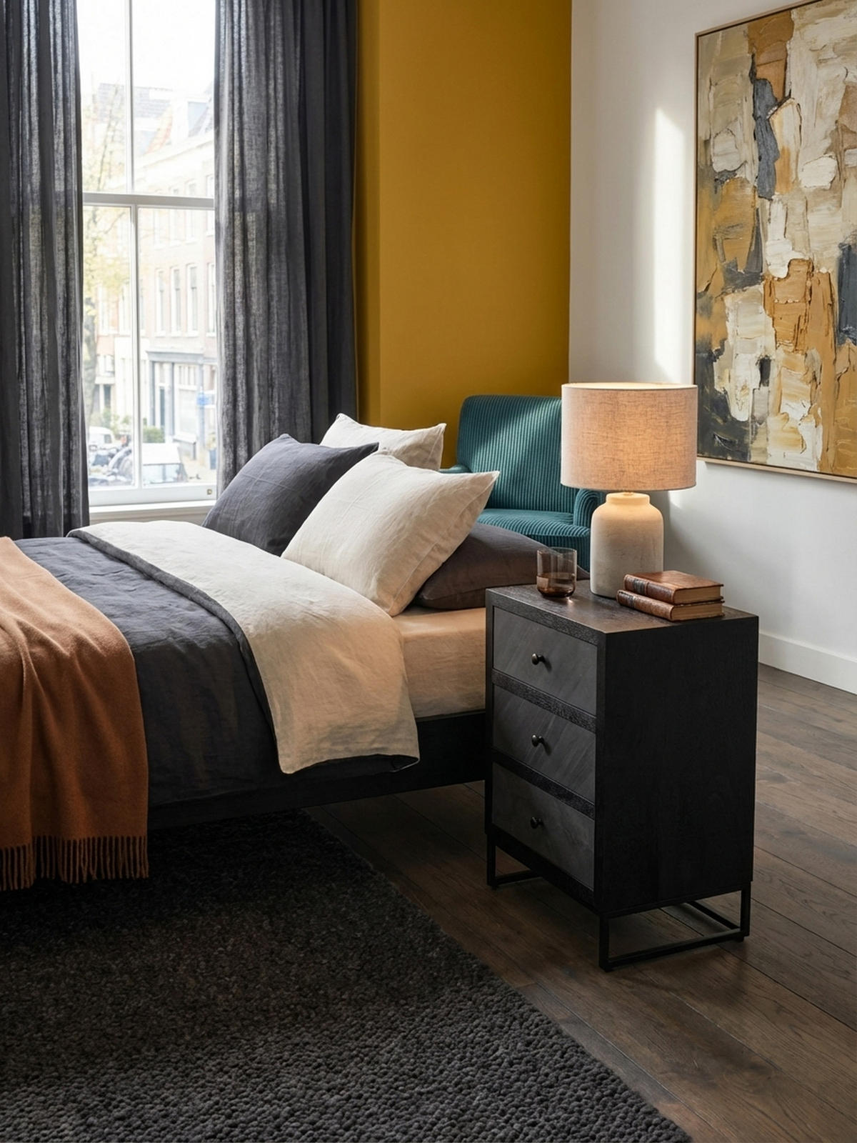 NACHTTISCH Massivholz Steinoptik 3 Schubladen Metallgestell, Schwarz 40x30x60 cm - Schwarz, Holz/Metall (40/60/30cm) - KADIMA DESIGN