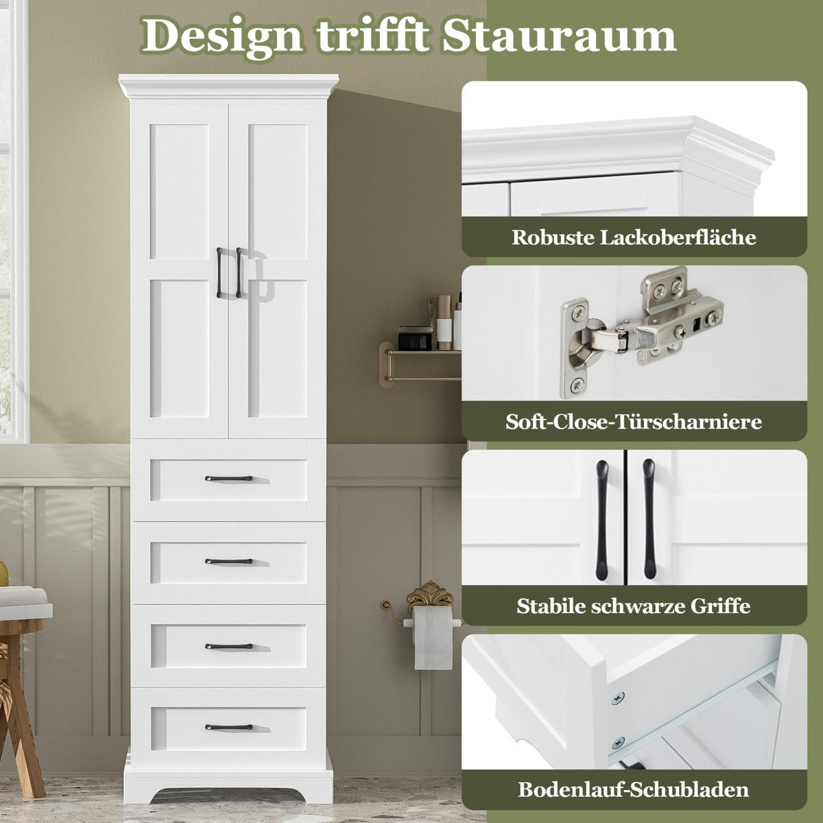 BADEZIMMERSCHRANK mit Schubladen, Einzelschrank, verstellbare Einlegeböden, Soft Close, Weiß - Weiß, Holz (57/180/38cm) - PARAFTA HOME