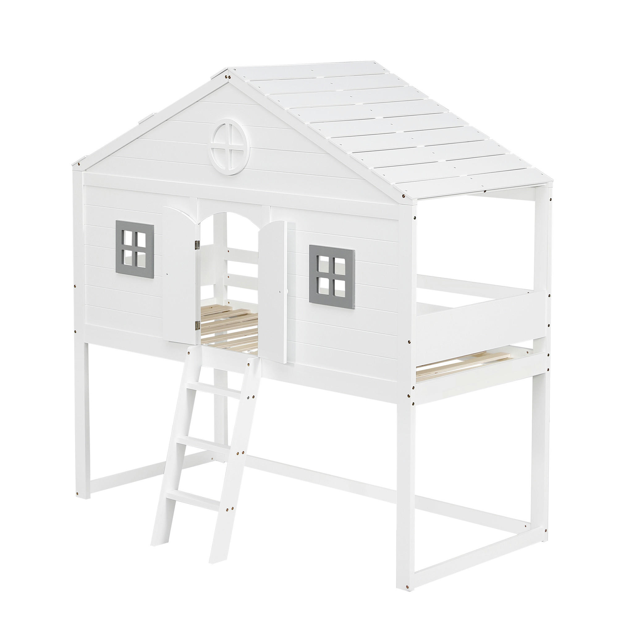 HAUSBETT 90/200 cm DE-02324, in Weiß, mit Treppe, 2 Fenstern und frei gestaltbarem Unterbett - Weiß, Holz/Holzwerkstoff (90/200cm) - ComfortXL