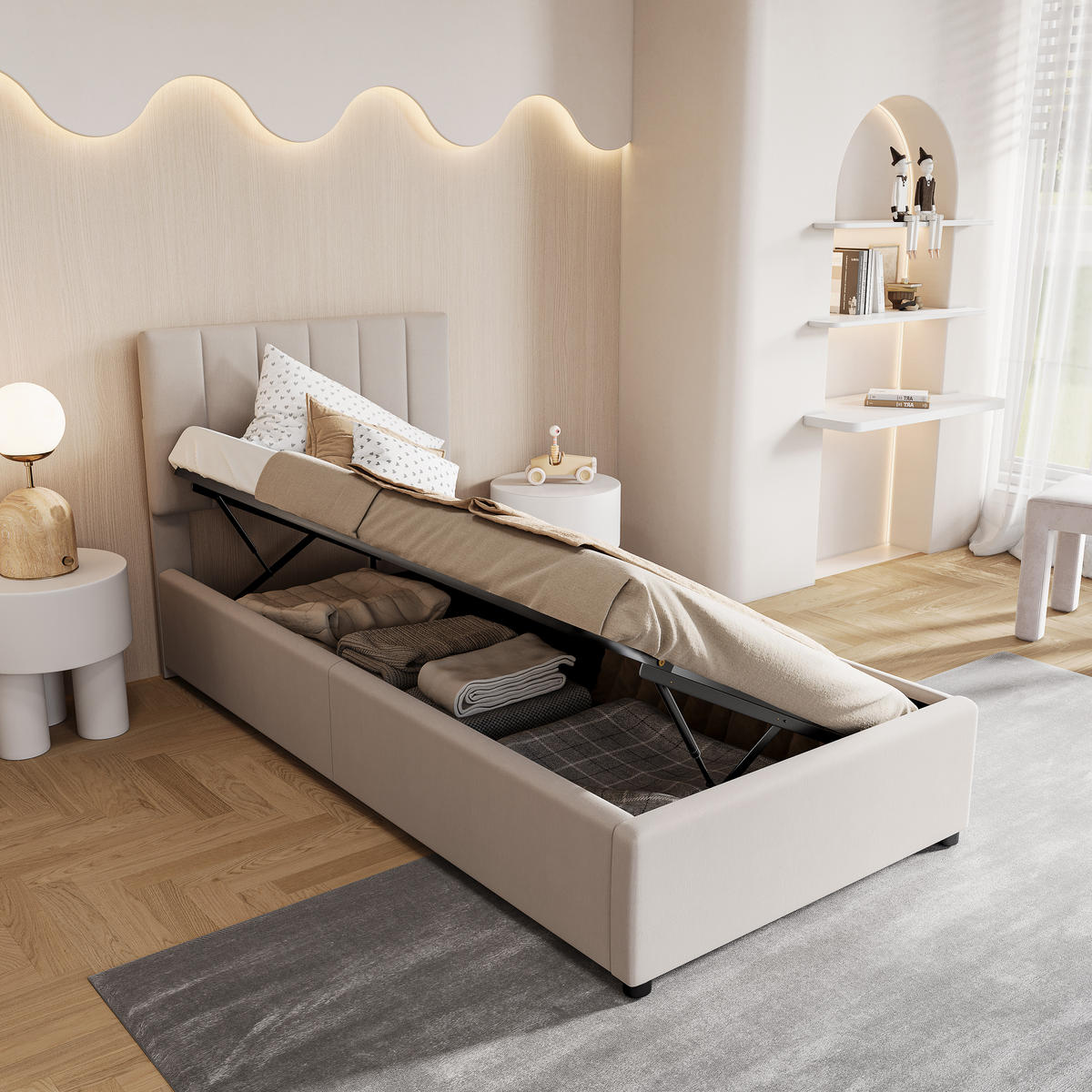STAURAUMBETT 90x200 cm, jugendbett, mit hydraulischem Liftmechanismus und großem Bettkasten, Leinenstoff, beige - Beige, Holz/Textil (90/200cm) - BRILVERDE