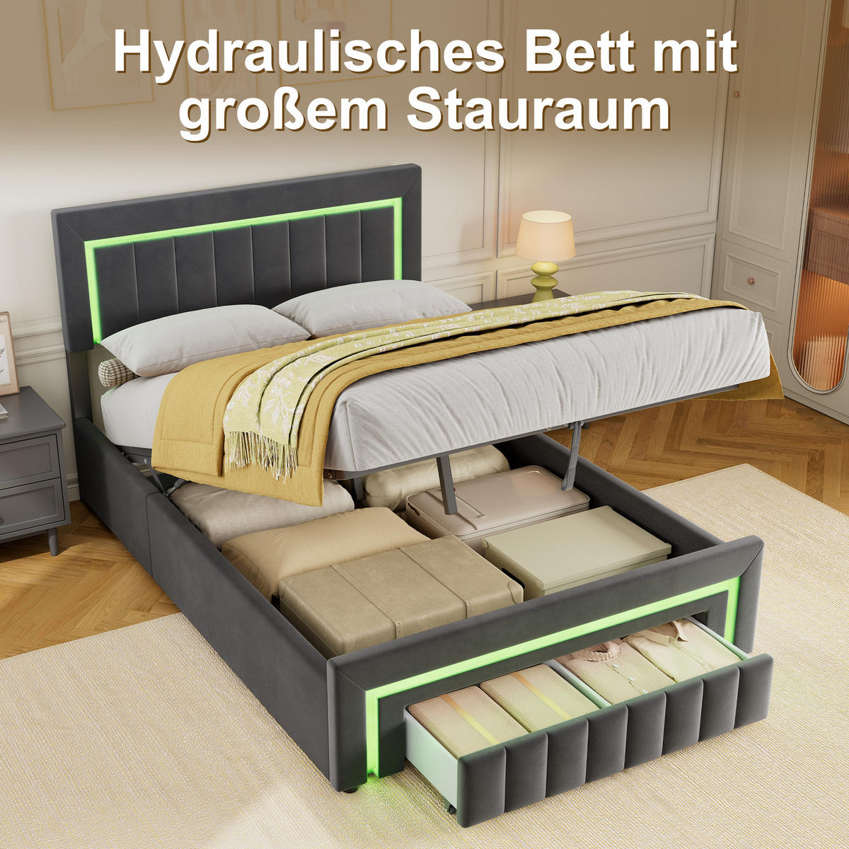 POLSTERBETT 140/190 cm mit hydraulischem Bettkasten, Schublade mit Rollen, LED-Beleuchtung, Grau - Grau, Textil (140/190cm) - Redom