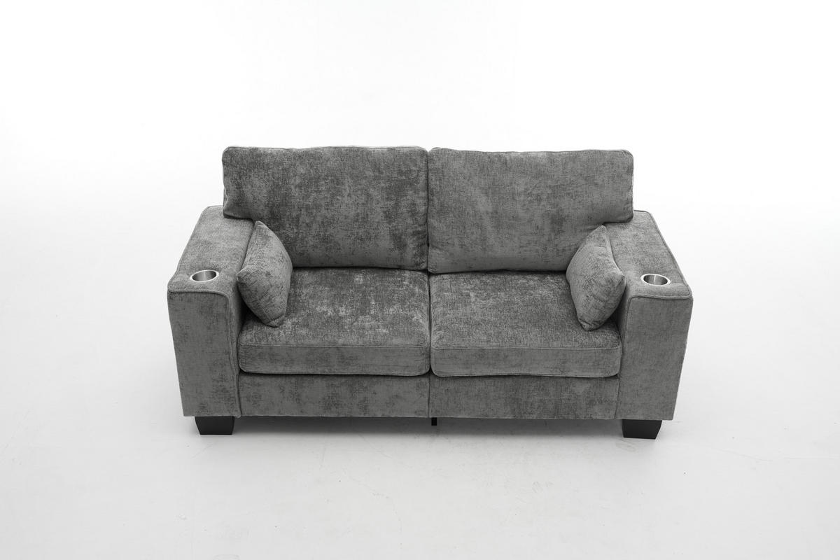 2-SITZER-SOFA 182 cm Chenille mit Getränkehaltern, DE-42913, Dunkelgrau - Dunkelgrau, Holz (182/96/79cm) - ComfortXL