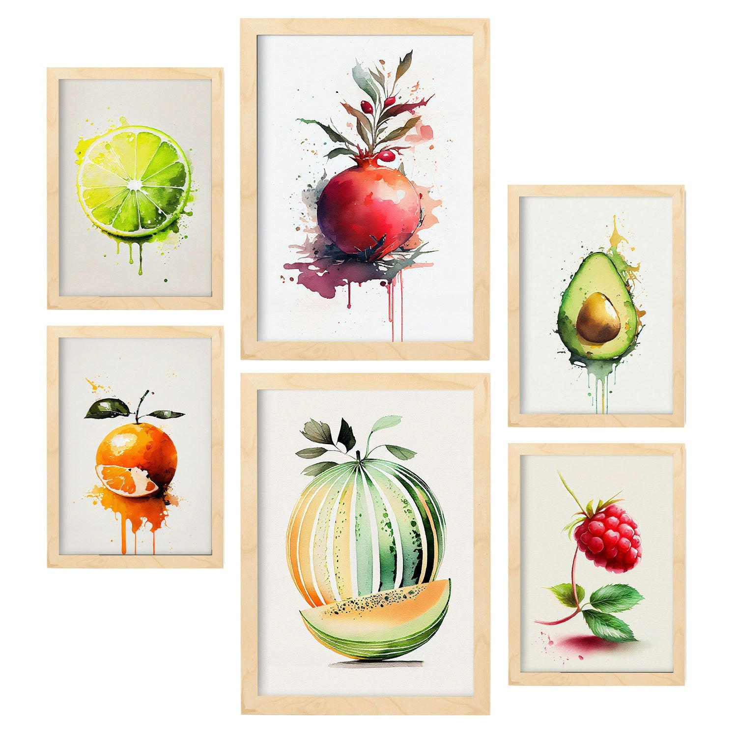 POSTER Set Mit 6 Sommerfrüchte Plakate Von Obst Gemüse & Gesunden Lebensmitteln Im Aquarell Kunst Auf Reinweißen A3 & A4 Rahmen Aus Hellem Holz - Beige, Papier (29/3cm) - Nacnic