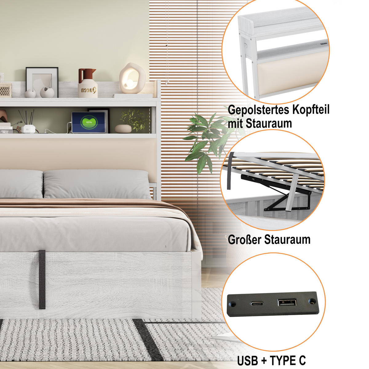 BETT 180/200 cm in Weiß mit Bettkasten, USB und Ablage Holz-Metall Retro-Design - Weiß, Holzwerkstoff/Metall (180/200cm) - STILVORA