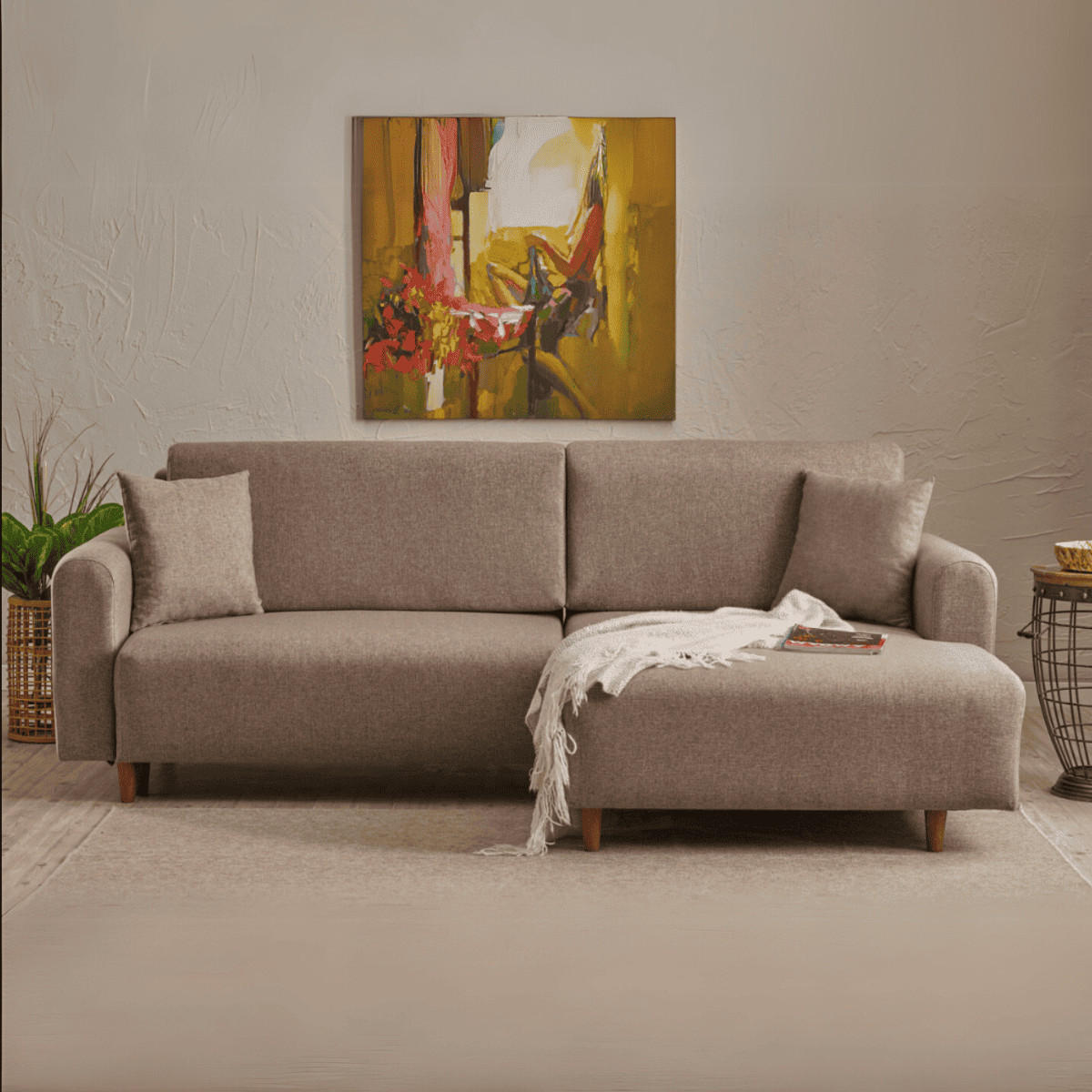 ECKSOFA mit Schlaffunktion und rechtsseitiger Récamiere aus Stoff - mane 246/160/85 cm - Taupe, Holz (160/246cm) - Calicosy