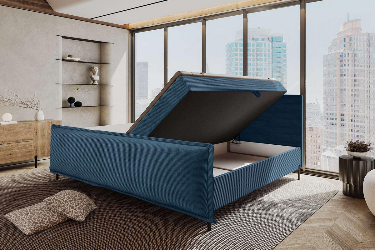 FAMILIENBETT BOXSPRINGBETT VERO PLUS Cordstoff Blau 240/200 cm - Blau/Schwarz, Holzwerkstoff/Textil (240/200cm) - 99rooms
