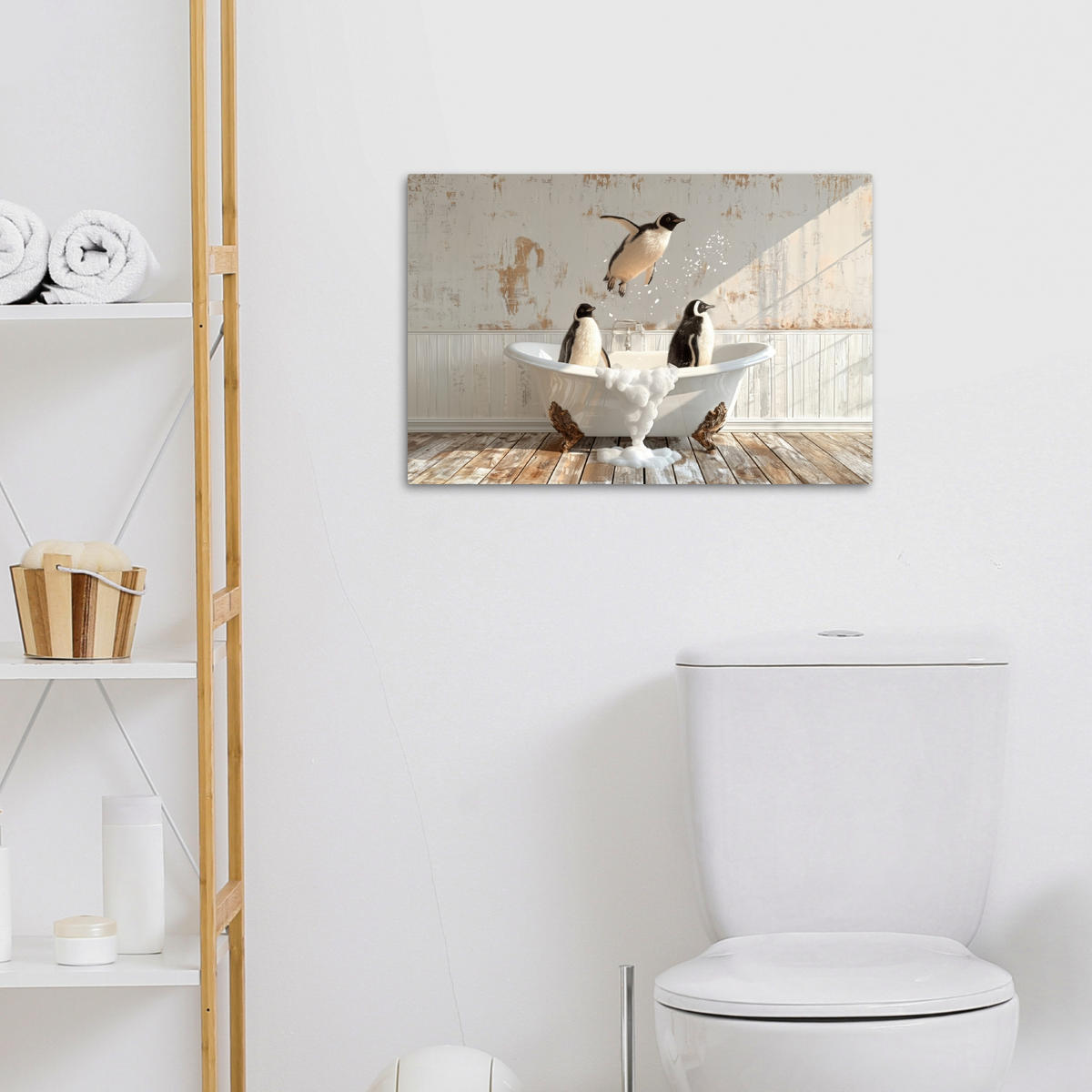 LEINWANDBILD Vintage - Pinguin - Badewanne - Schaumstoff Gemälde 60x40 cm - Schwarz, Textil (60/40cm) - MuchoWow