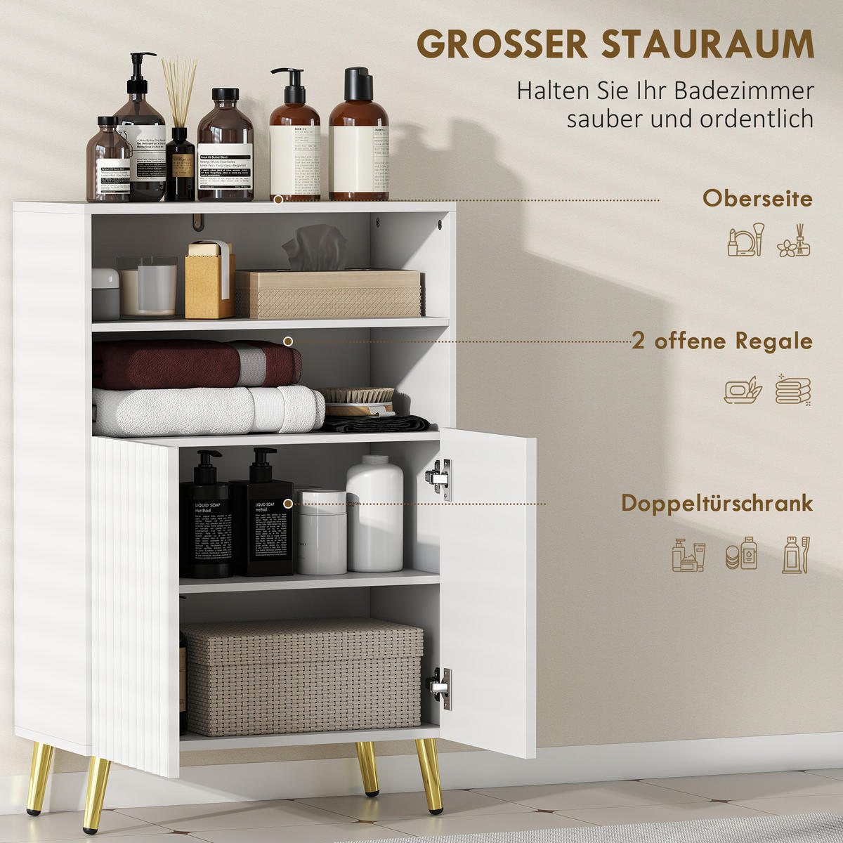 BADEZIMMERSCHRANK schmal mit 2 Soft-Close-Türen für Badezimmer Weiß - Goldfarben/Weiß, Holzwerkstoff/Metall (31.8/93/60cm) - HOMCOM