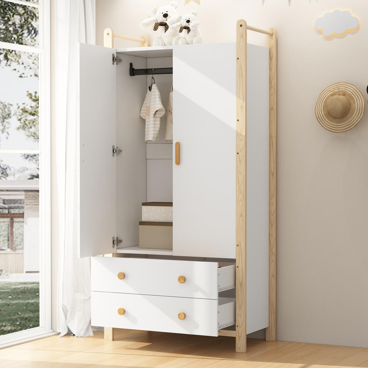 KLEIDERSCHRANK aus Kiefernholz und Spanplatte 89,6x44x180,5 cm Natur/Weiß mit Kleiderstange und 2 Schubladen - Naturfarben, Holzwerkstoff (90/180/45cm) - Modfu