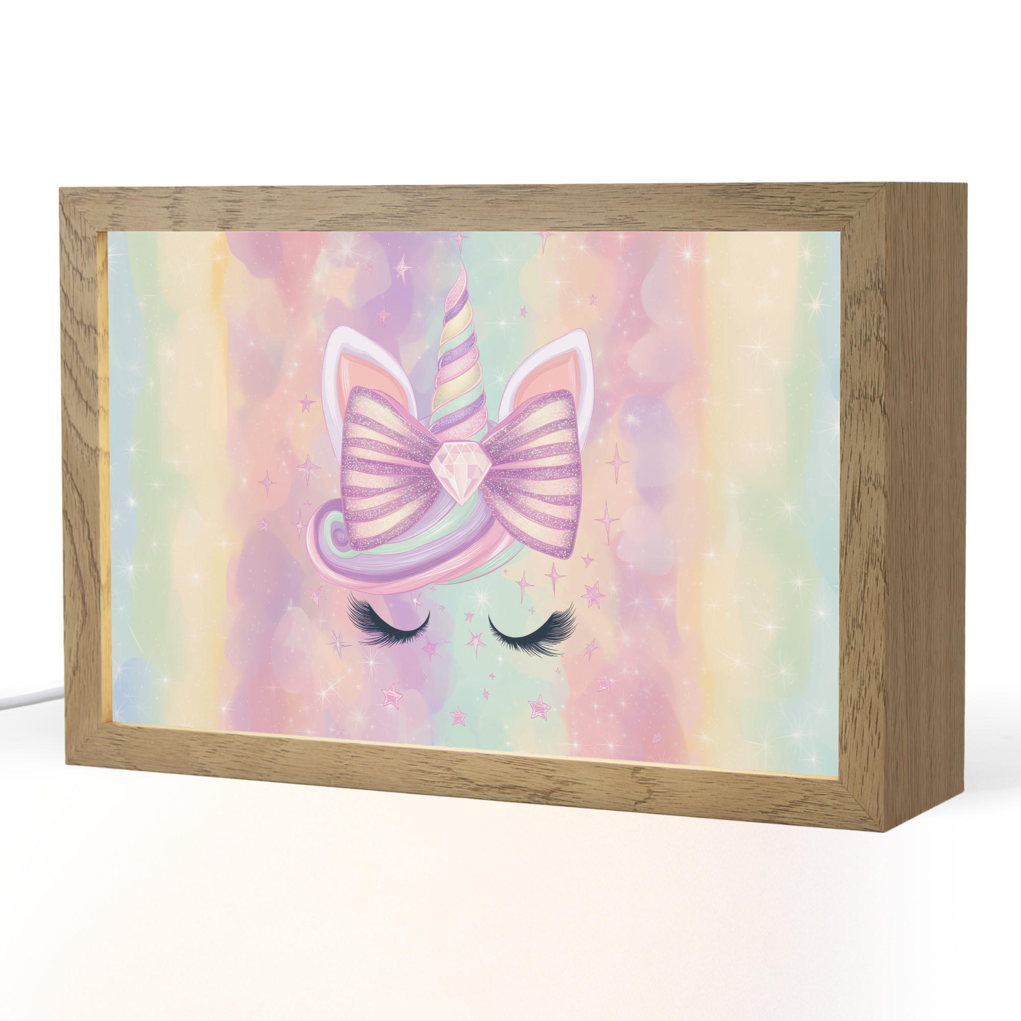 OnlyWow NOČNÍ LAMPIČKA Jednorožec - Třpytky - Duha - Pastelové barvy 30x20 cm