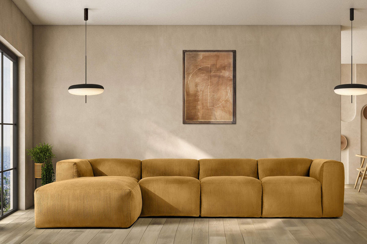 ECKMODULSOFA-RECHTS BUFFO 6-Sitzer mit extrem weicher Sitzfläche, Kordstoff, gelb - Gelb, Textil (377/180cm) - KONSIMO®