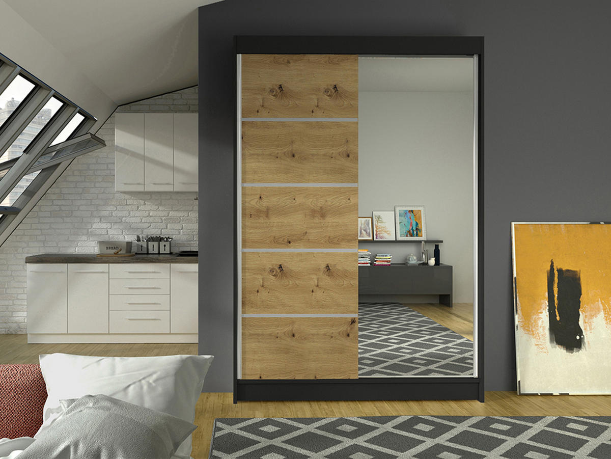 SCHWEBETÜRENSCHRANK Lino III - Schwarz/Eiche Artisan, Holzwerkstoff/Metall (120/200/58cm) - MIRJAN24