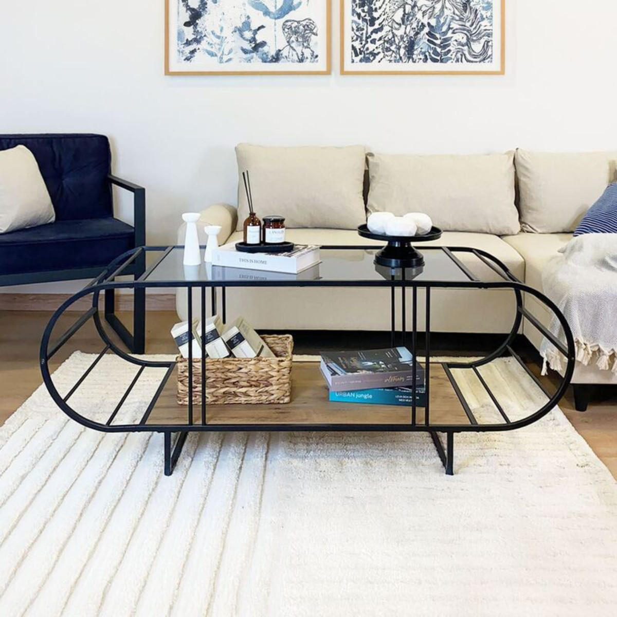 COUCHTISCH mit glasplatte, metall und atlantik-kiefer-optik 50/145/47 cm - Schwarz/Kieferfarben, Holzwerkstoff (13/50/47cm) - Calicosy