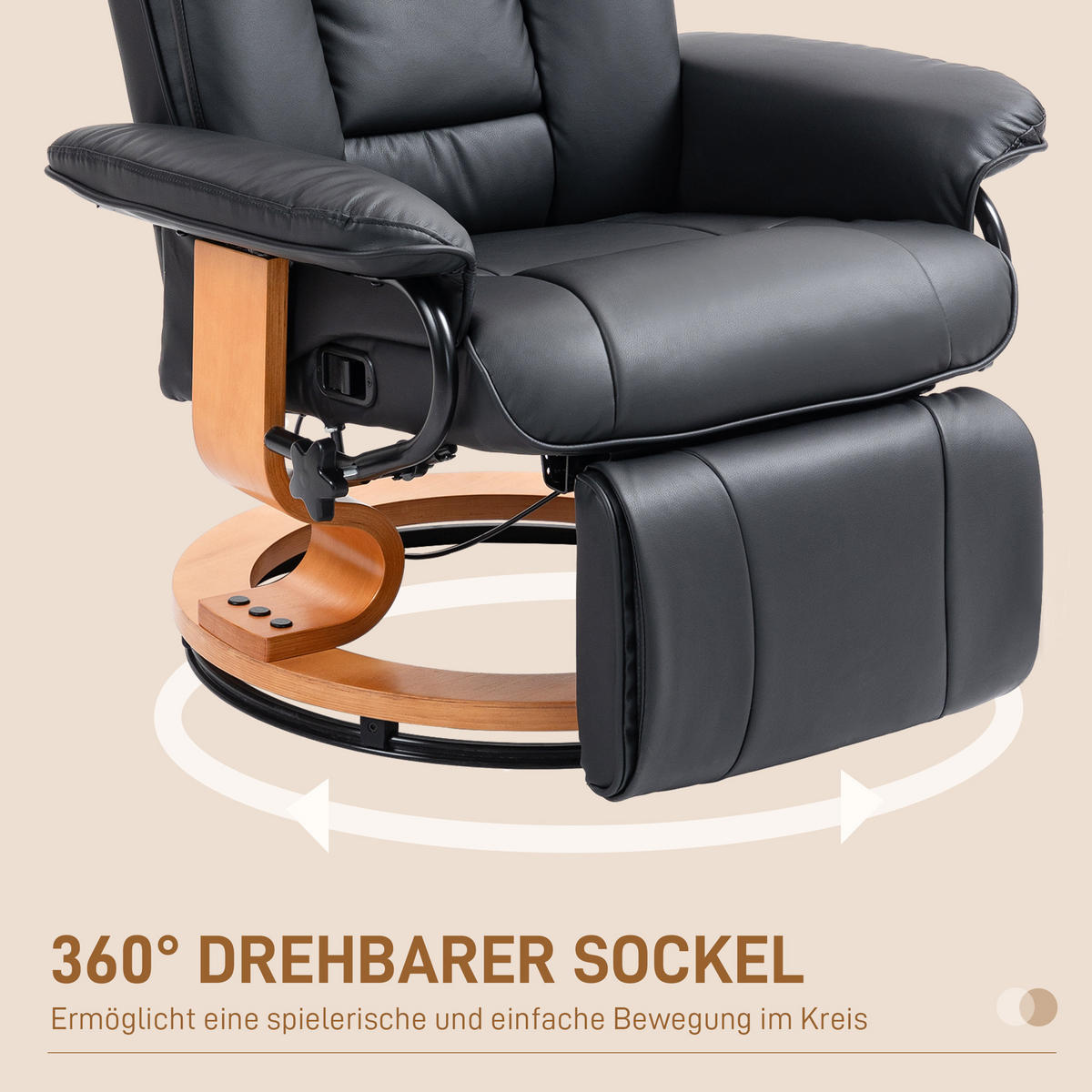 RELAXSESSEL Drehbar Fernsehsessel mit Liegefunktion, Fußstütze, Schwarz - Schwarz, Leder (88/103/78cm) - HOMCOM