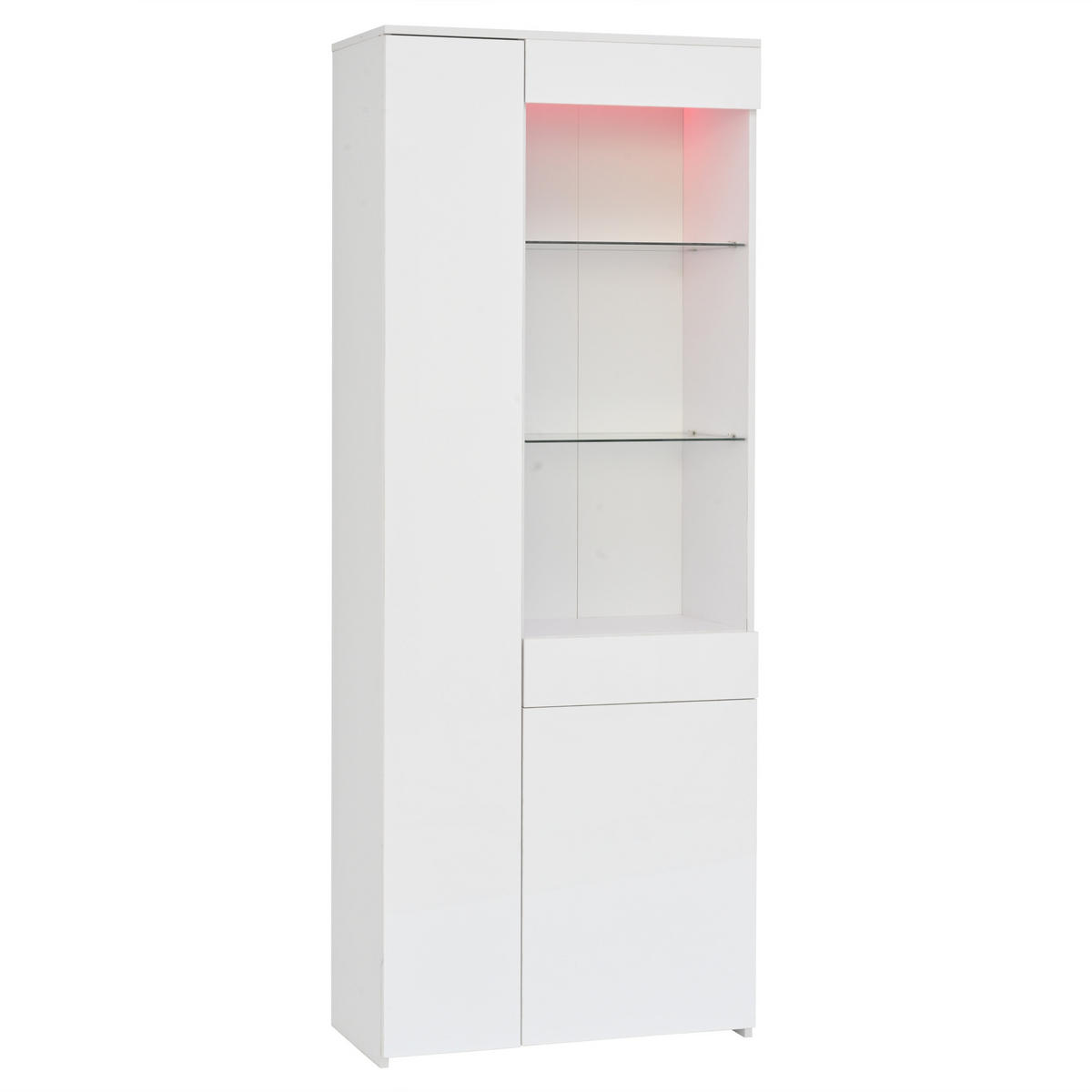VITRINE LED Hochglanz Glas 2 Schubladen Standvitrine 180cm - Weiß, Holzwerkstoff (70/180/35cm) - FLIEKS