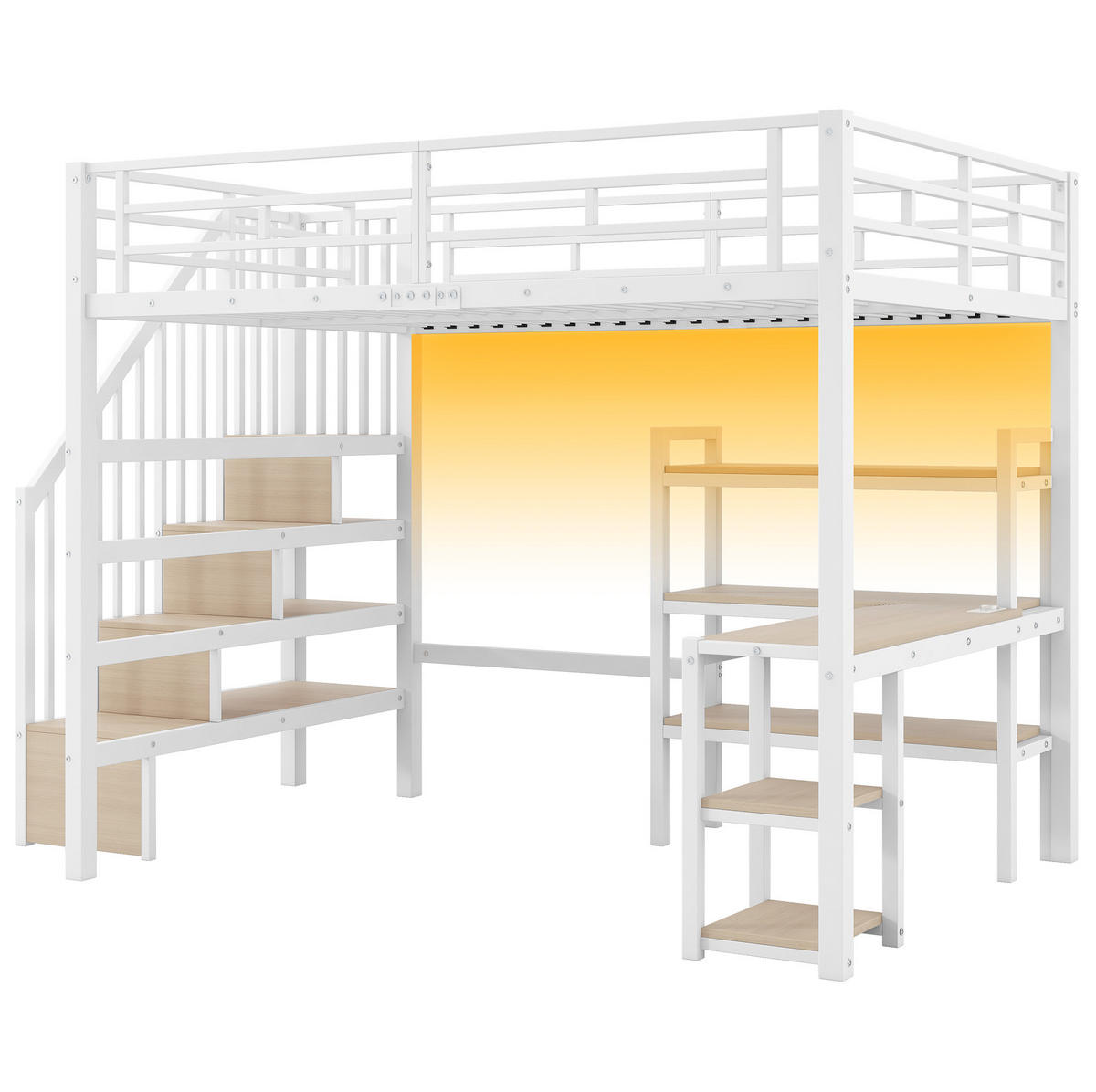 HOCHBETT 140/200 cm weiß aus Metall und MDF mit Schreibtisch und LED - Weiß, Metall (140/200cm) - OKWISH