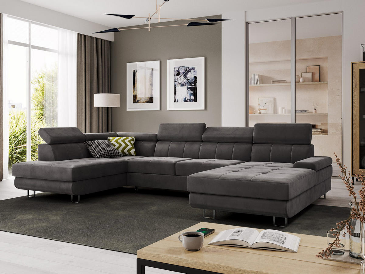 WOHNLANDSCHAFT MARRY Links Schwarz Velours-Stoff mit Schlaffunktion und zwei Bettkästen - Dunkelgrau, Holz/Metall (335/90/190cm) - Barchello