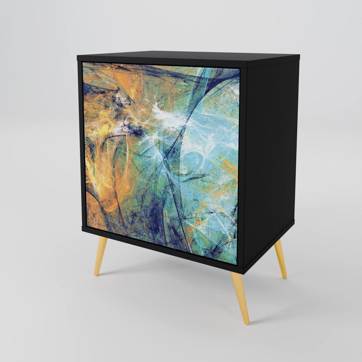 SIDEBOARD ABSTRACT THOUGHTS, Schwarz, 57,5x42x67,5 cm, Schwarze Metall-Rahmenfüße - Multicolor/Schwarz, Holzwerkstoff/Metall (57.5/67.5/42cm) - SpaceRebels