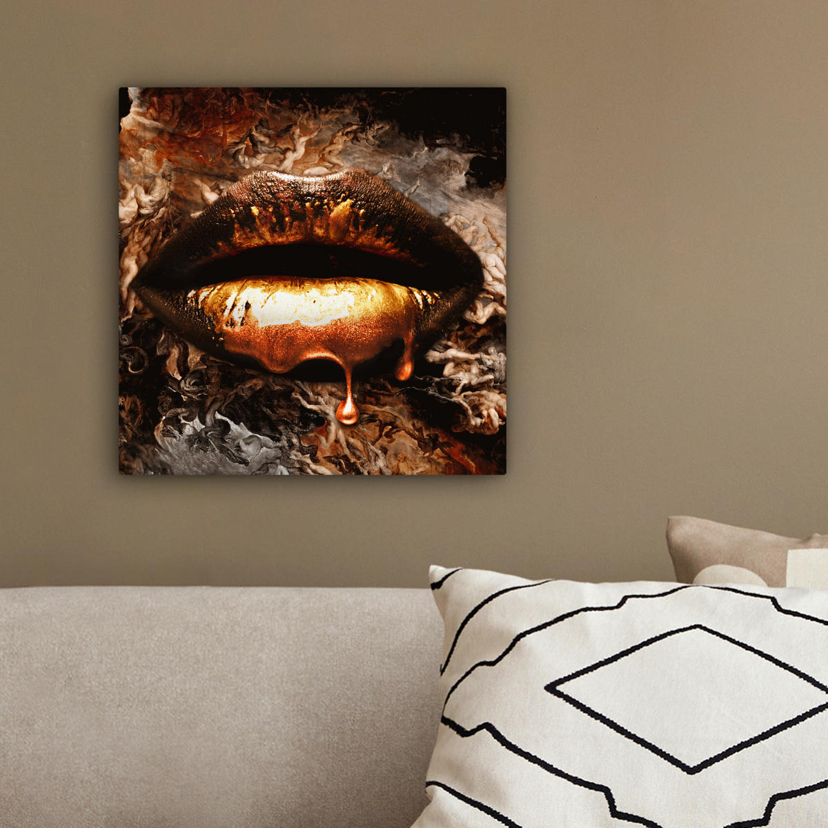 LEINWANDBILD Gold - Lippen - Kunst - Gold - Luxus - Abstrakt 20x20 cm - Kupferfarben, Textil (20/20cm) - MuchoWow
