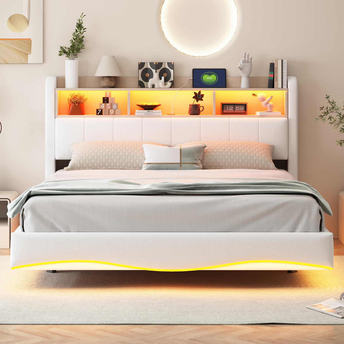 POLSTERBETT mit Stauraum, LED und USB 160x200 cm Beige - Beige, Metall (160/200cm) - Meubliv