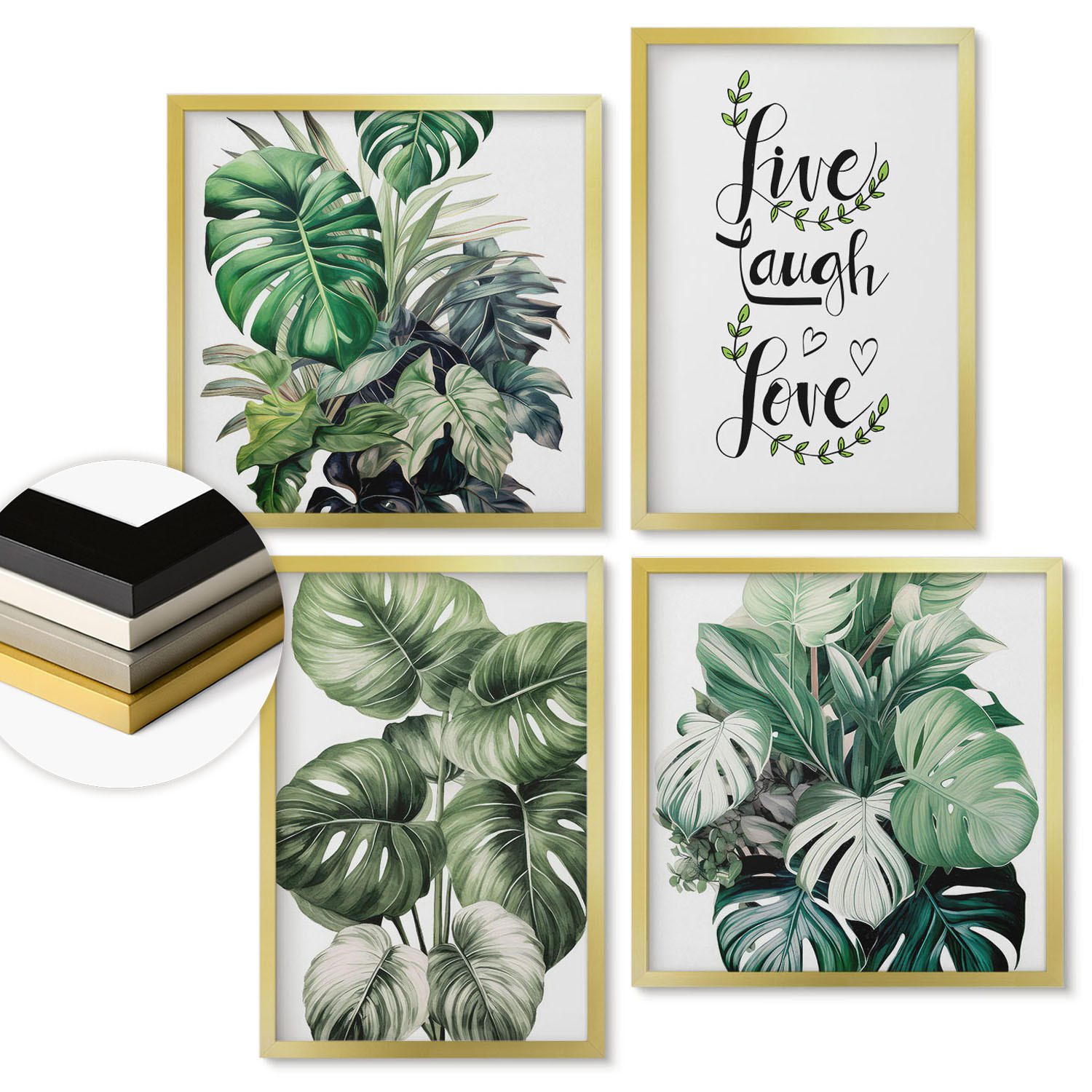 WANDBILDER 4er Set - 50x50 cm & 40x60 cm Goldrahmen - Blattpflanzen leben, lachen, lieben - Goldfarben, Kunststoff (50/50cm) - ArtPrintCave