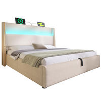 BETT hydraulisch 140x200 cm Leinen Beige mit Matratze - Beige, Metall (140/200cm) - Meubliv