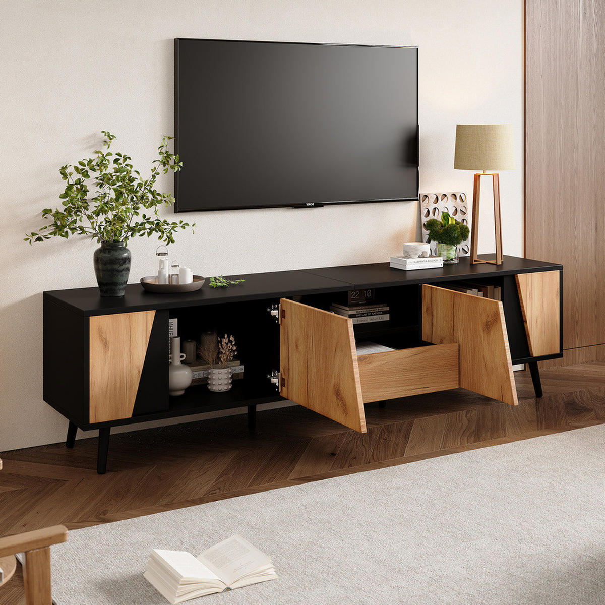 TV-SCHRANK 180x40cm Lowboard Modern Schubladen 2 Schränke Naturholz-Schwarz - Schwarz, Holz (50.8/12.07/64.77cm) - FLIEKS