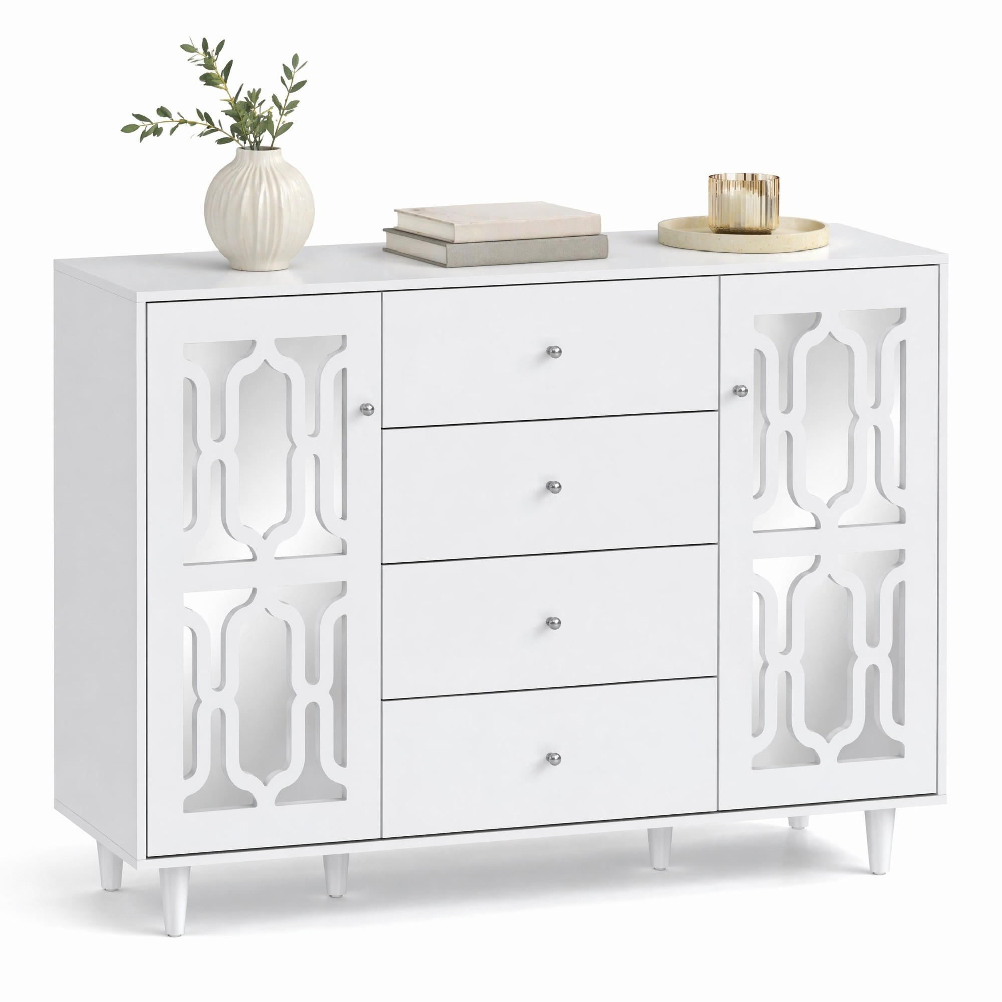 SIDEBOARD in Weiß Kommode mit Kristallgriffen für Wohnzimmer und Esszimmer, B147.5/T40/H102 cm - Weiß, Glas/Holzwerkstoff (147.5/102/40cm) - STILVORA