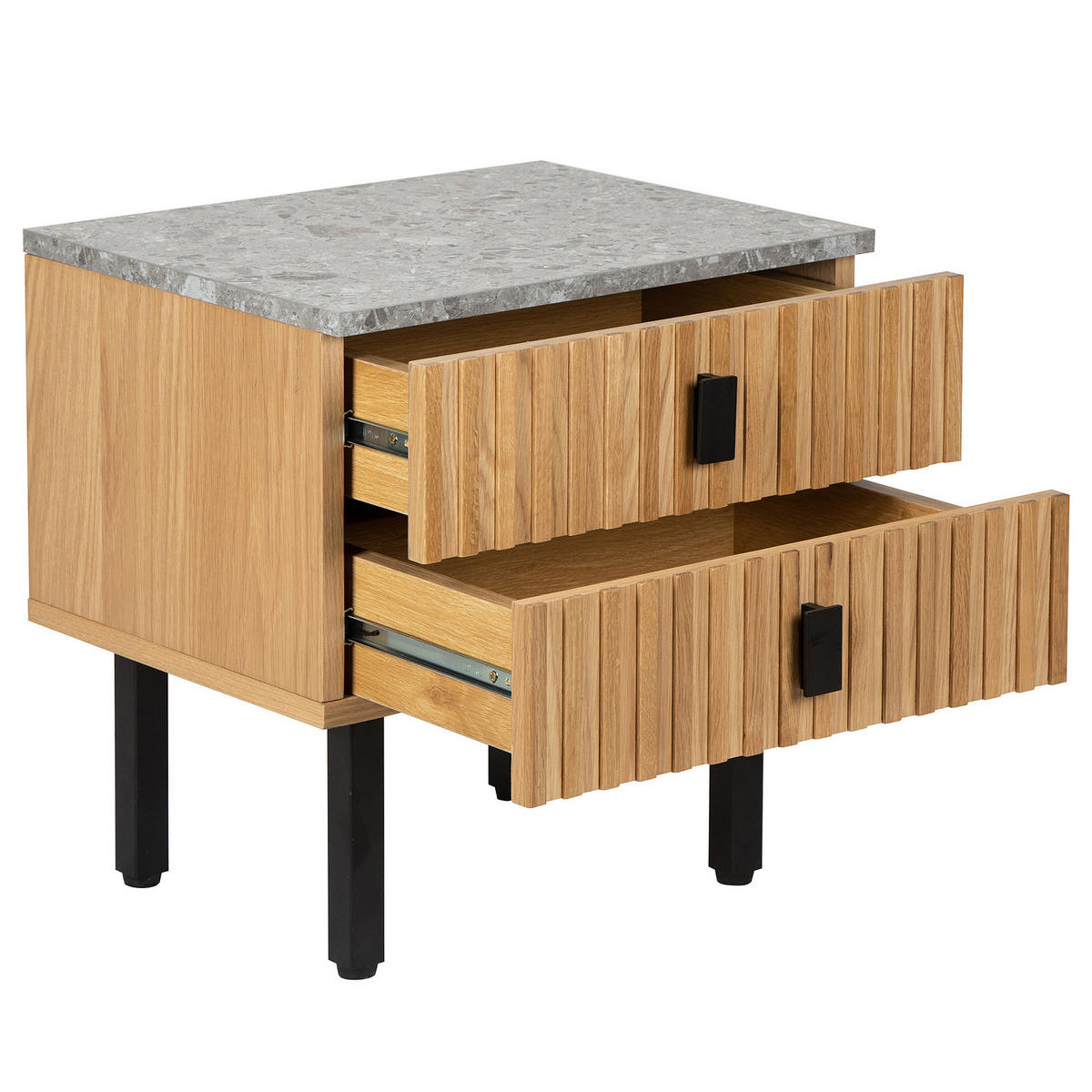 NACHTKOMMODE - Echtholzfurnier - Terazzo Dekor / Eiche - Eichefarben/Schwarz, Holzwerkstoff/Metall (48/50/40cm) - home24