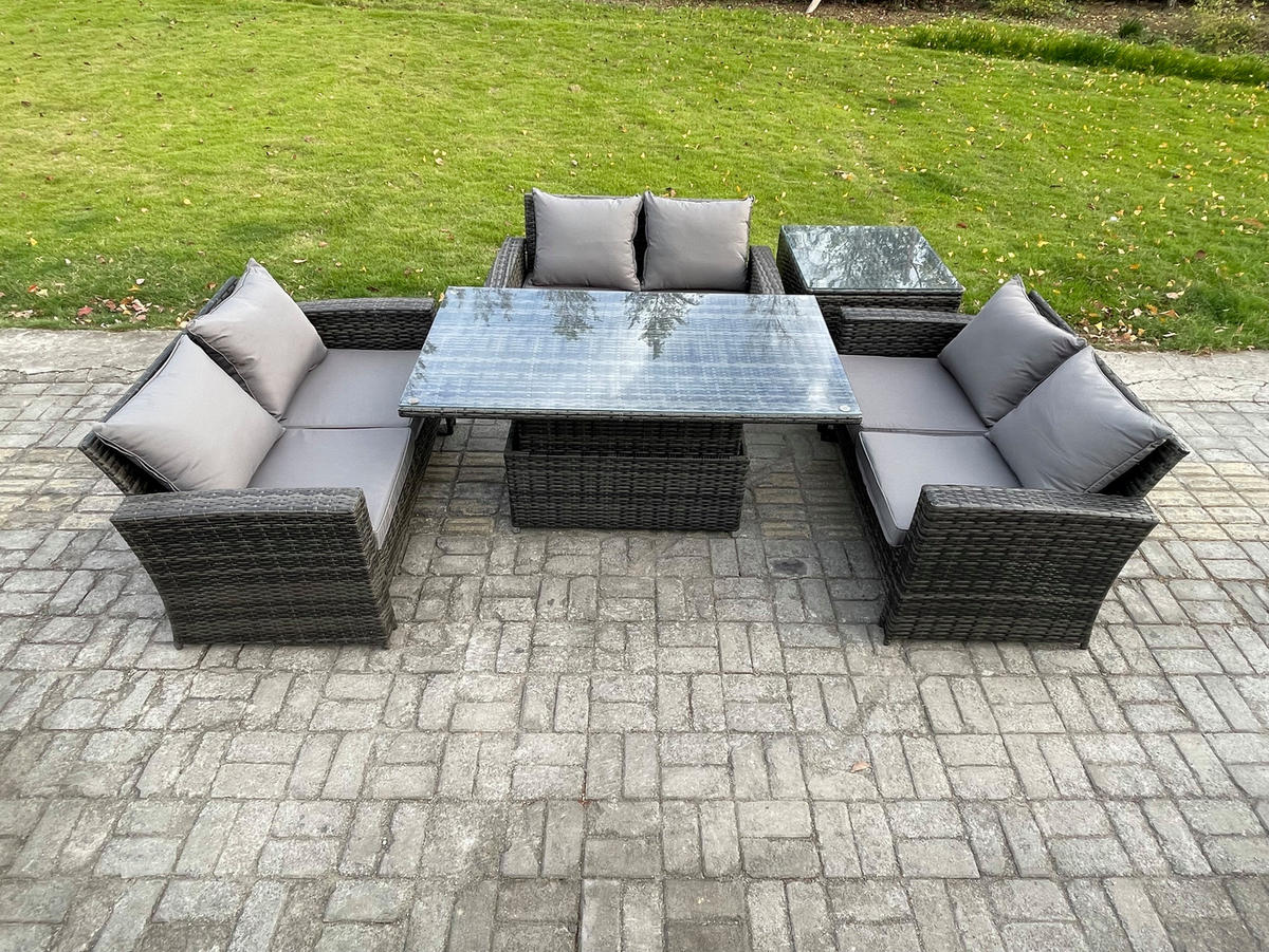 GARTENMÖBEL-SET Polyrattan Dunkelgrau 6-Sitzer - Dunkelgrau, Metall - Fimous