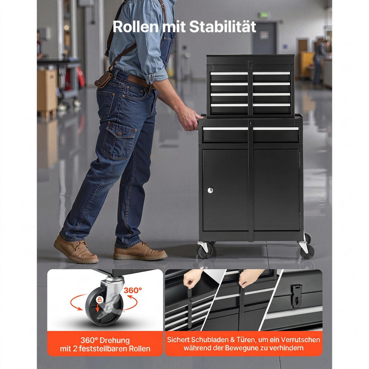 WERKZEUGKOFFER 2-in-1-Werkstattwagen 5 Schubladen Rollbarer Werkzeugschrank Abschließbar - Schwarz, Metall (10/10/10cm) - Raelunyi