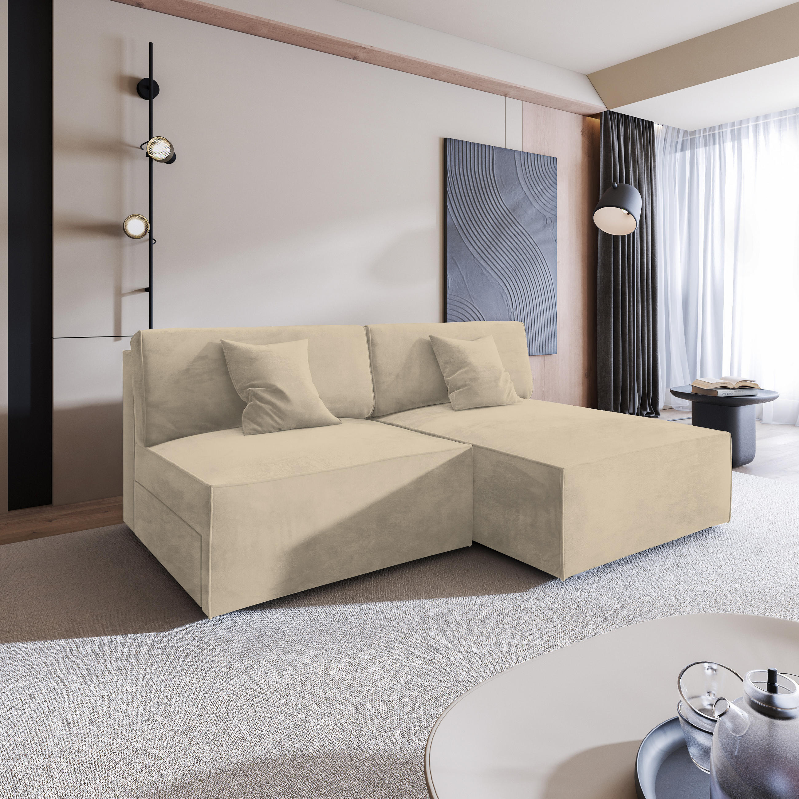 ECKSOFA FIORO M Creme Velours-Stoff mit Schlaffunktion - Creme, Holz (204/148cm) - MASSENO