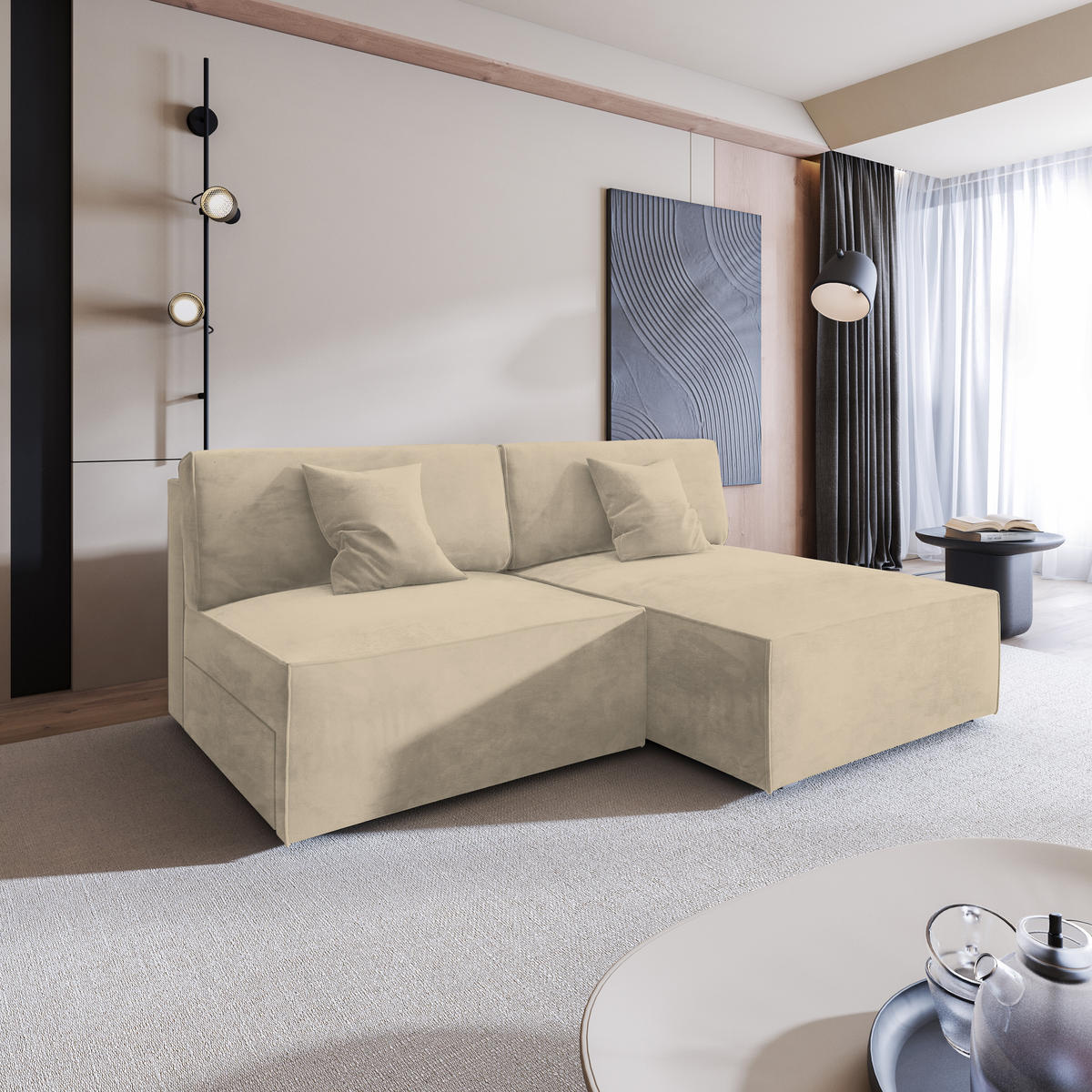 ECKSOFA FIORO M Creme Velours-Stoff mit Schlaffunktion - Creme, Holz (204/148cm) - MASSENO
