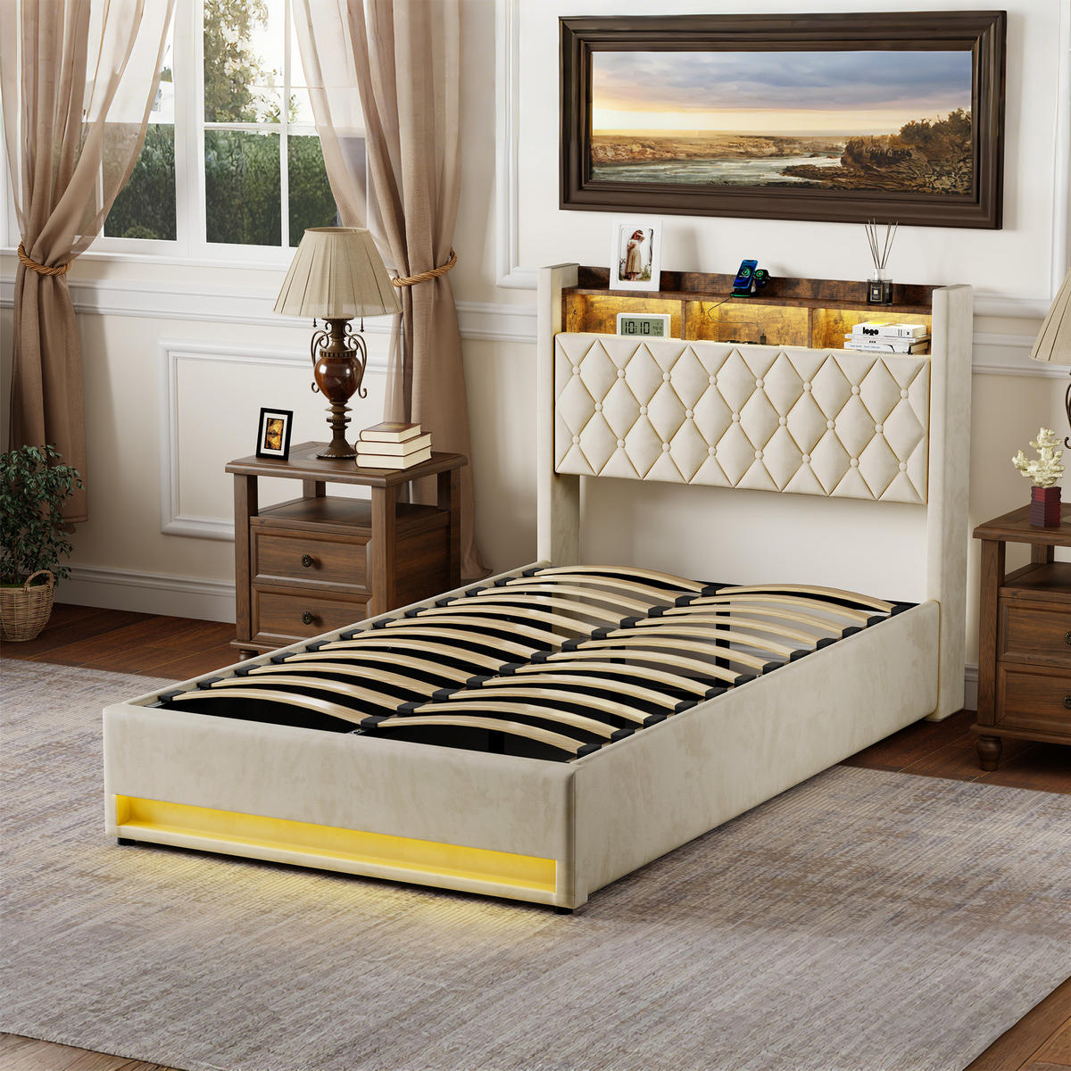 POLSTERBETT 140/200 cm Beige mit LED-Lichtleiste und USB-Anschlüssen - Beige, Holzwerkstoff (140/200cm) - OKWISH