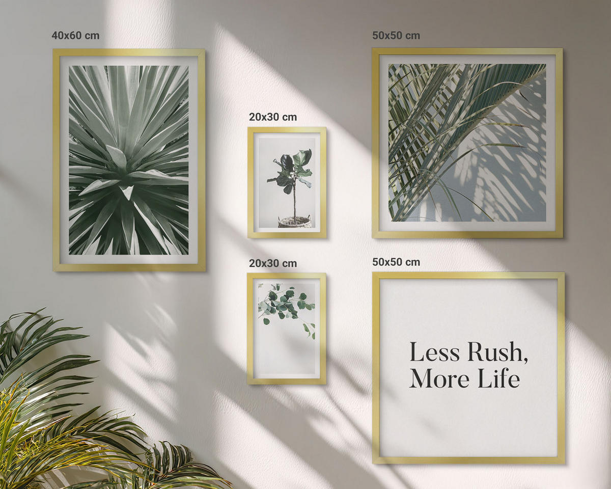 WANDBILDER 5er Set - 50x50 cm & 20x30 cm & 40x60 cm Goldrahmen - Minimalismus mit grünen Pflanzen - Goldfarben, Kunststoff (40/60cm) - ArtPrintCave