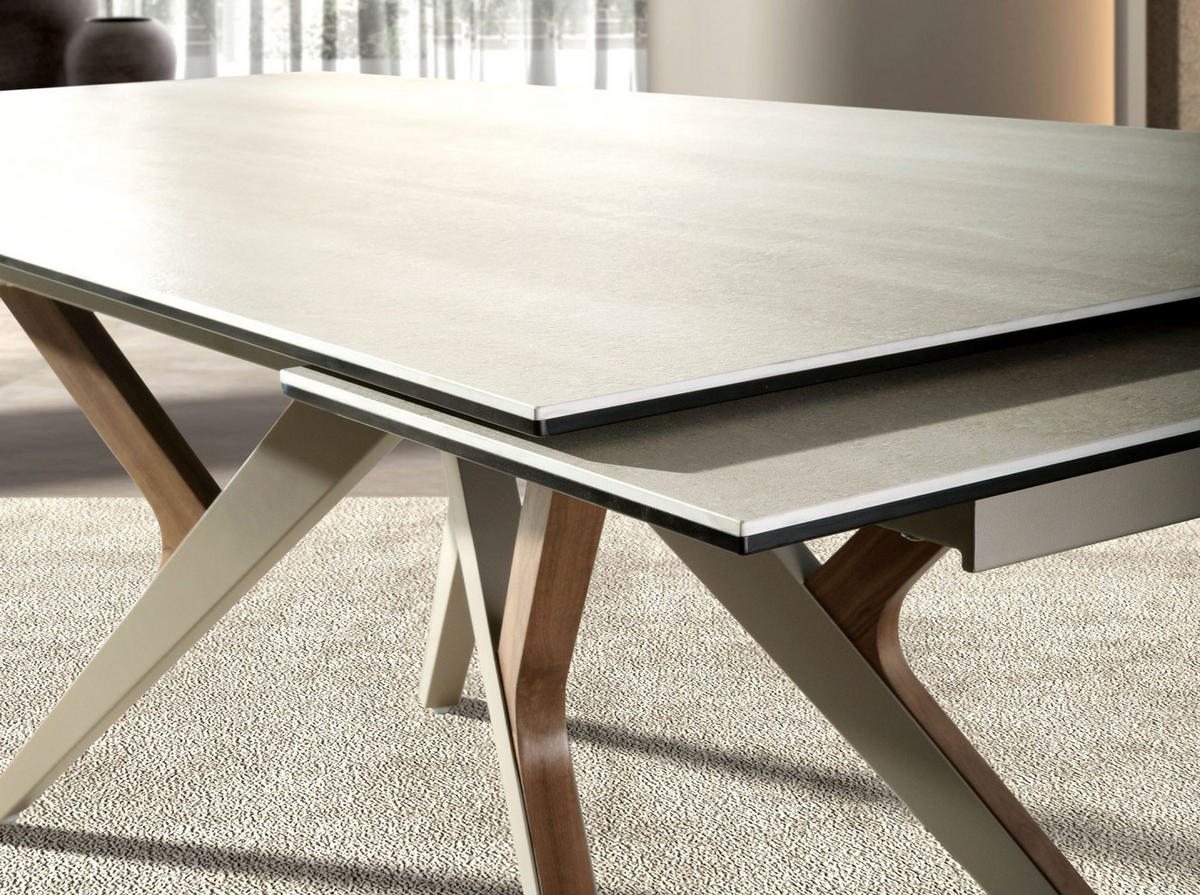 ESSTISCH Rechteckiger ausziehbarer Esstisch aus Porzellanmarmor, Stahl in Sandmetallic und Nussbaum 180/100/76 cm - Beige, Stein/Metall (100/180/76cm) - ANGEL CERDA
