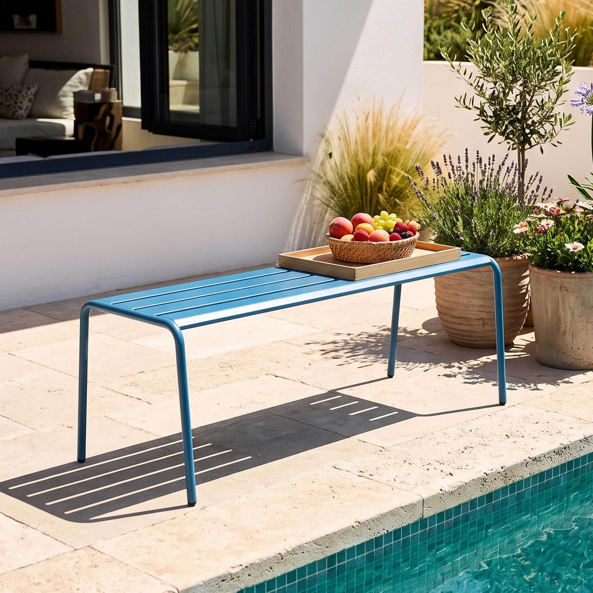 GARTENBANK, Pazifikblau - Blau, Metall (52/46/120cm) - Oviala