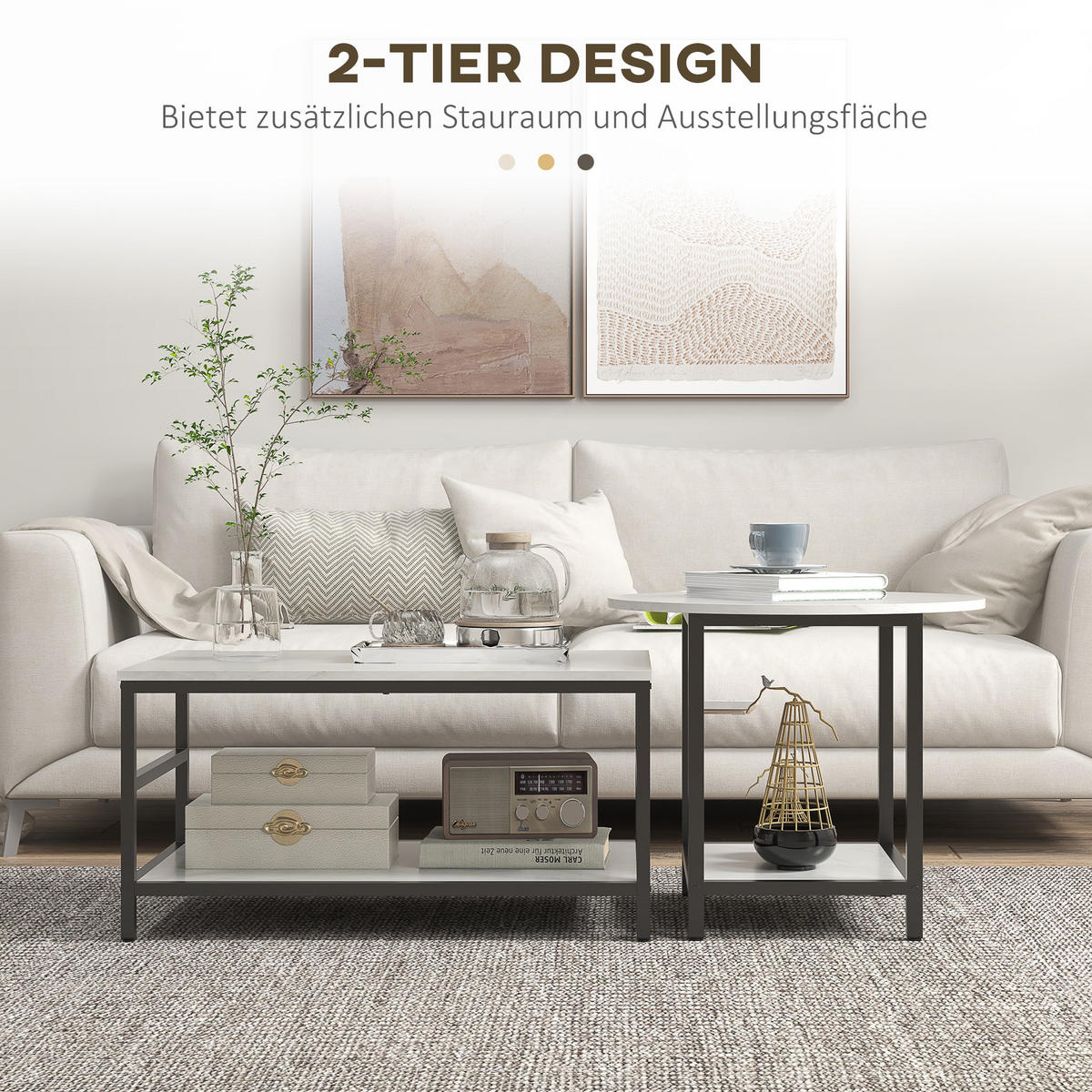 COUCHTISCH 2er-Set Beistelltisch, Kaffeetisch Satztisch mit Marmoroptik Stahl - Multicolor/Schwarz, Holzwerkstoff/Metall (80/54/41cm) - HOMCOM