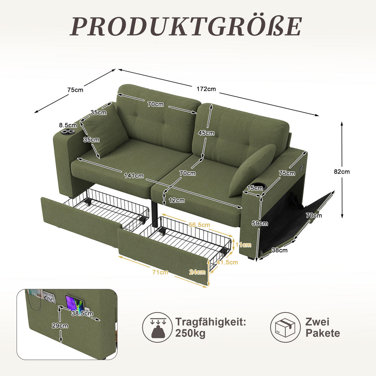 2-SITZER Sofa aus Chenille 172x75x82 cm mit USB-Anschlüssen & Stauraum, olive - Grün, Textil (75/82/172cm)