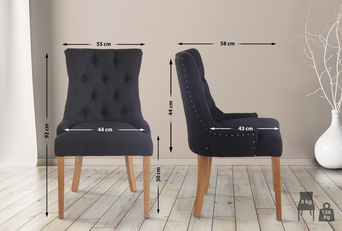 WOHNZIMMERSTUHL 2er Set Stoff schwarz - Schwarz/Naturfarben, Holz/Textil (55/92/58cm) - CLP