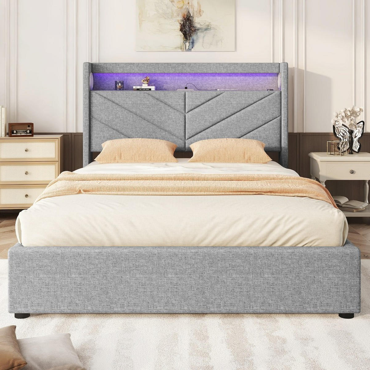 POLSTERBETT 140 x 190 cm in Grau Leinen mit Mit USB und Stereoanlage - Grau, Holz/Textil (140/190cm) - KOMHTOM