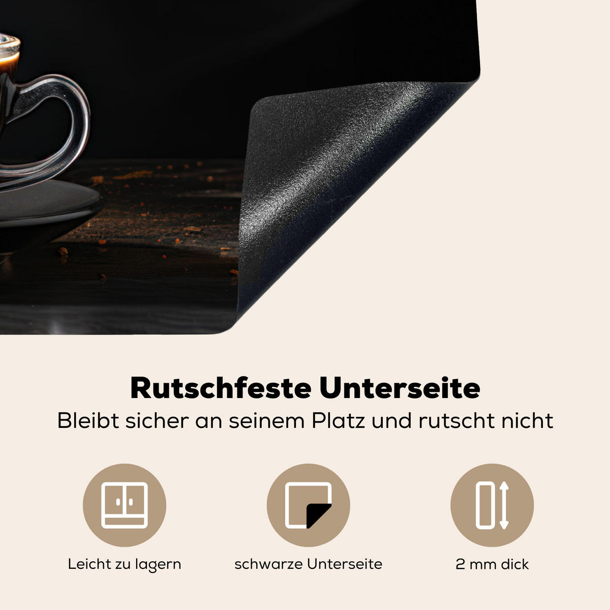 HERDABDECKPLATTE Kaffee - Schwarz - Bohnen - Heiß - Tasse Ceranfeldabdeckung 78x52 cm - Schwarz, Kunststoff (78/52/0.2cm) - MuchoWow