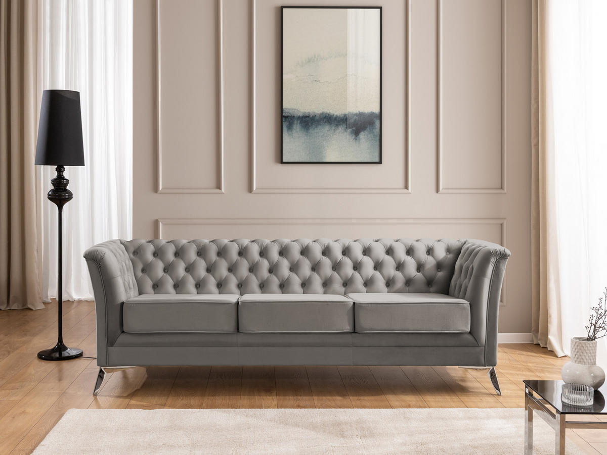 SITZGARNITUR 3+2 Chesterfield Whitby Grau Samt mit silbernen Füßen - Silberfarben/Grau, Holz/Textil (237/78/82cm) - S-Style Möbel