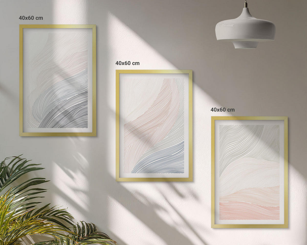 BILDER SET 3er Set - 40x60 cm Goldrahmen - Abstrakte Wellen, Karton, Pastell - Goldfarben, Kunststoff (40/60cm) - TULUP