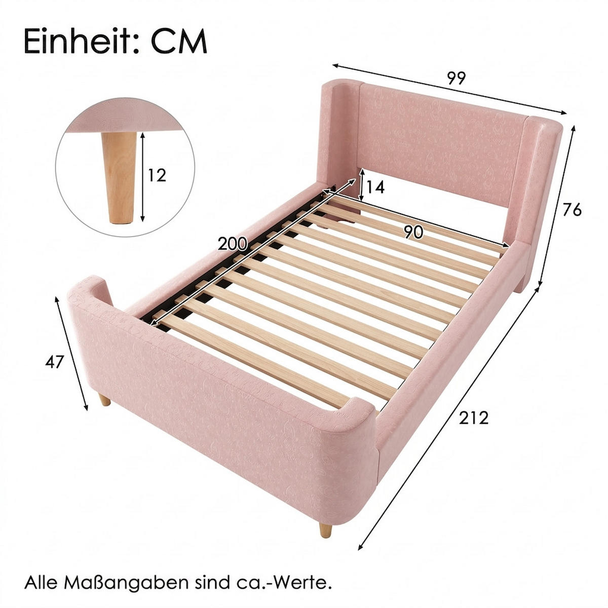 POLSTERBETT 90/200 cm Rosa mit kosmischem Muster, Ohne Matratze - Rosa, Holz/Textil (90/200cm) - Oxeza