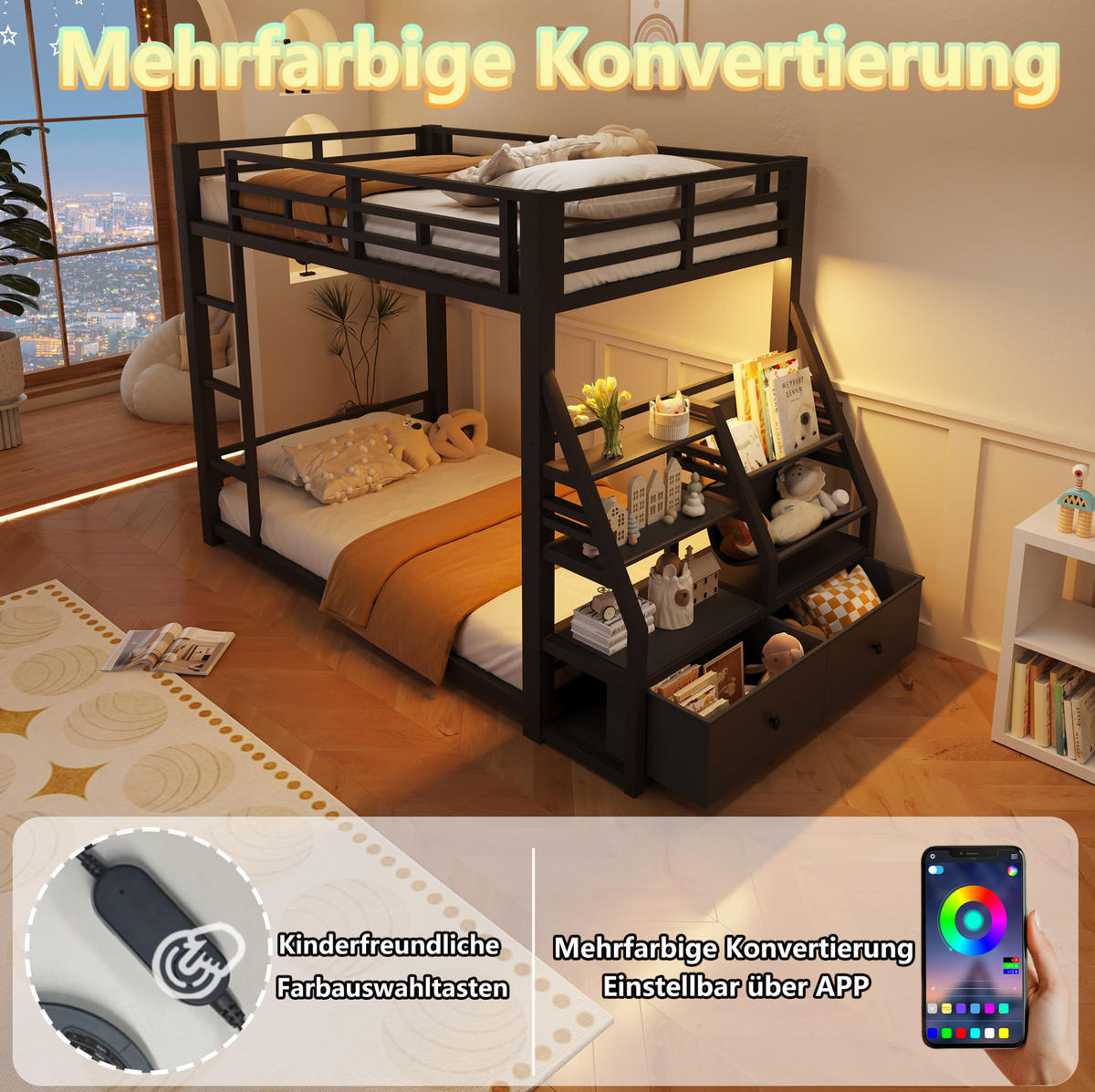 ETAGENBETT 90/200 cm aus Metall und Holz mit LED-Beleuchtung und 2 Stoffschubladen Schwarz - Schwarz, Holz (90/200cm) - Modenvie