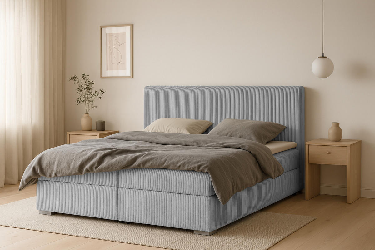 BOXBETT LON IV 180/200 in Cord Hellgrau H4 - Hellgrau, Holz/Holzwerkstoff (180/200cm) - Deine Möbel 24