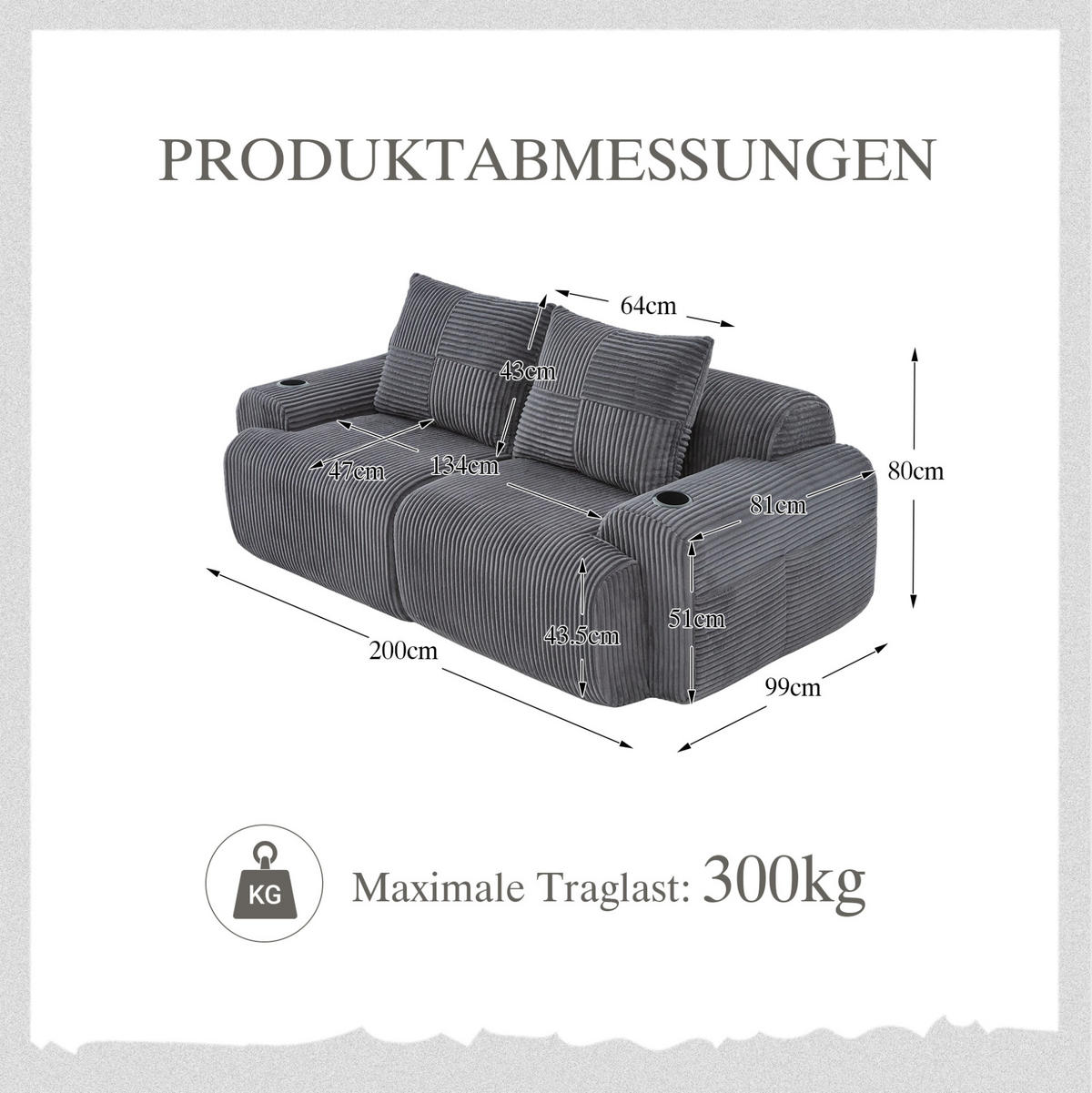 SOFA od samta, 200/99/80 cm tamnosiva, dvosjed s držačem za piće i bočnim džepom - tamno siva, tekstil (100/80/200cm) - BEAOK